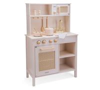 Woet - Wooden Pink Play Kitchen for Kids Age 3+ - Pretend Playset with Utensils, Cooking Accessories & Rattan Details - Childrens Kitchen - Role Play Toy Gift for Boys and Girls