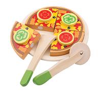 Woet® Wooden Pizza Play Food Toy with Cutter, Serving Plate and 4 Slices, Pretend Cooking Kitchen Accessories, Educational Role Play Gift for Kids, Age 2 Years +