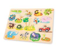 New Classic Toys 10441 Peg Puzzle Safari 16 Pieces FSC 100% Certified Wood, 402 x 303 x 20mm, Neutral Shades of Green, Brown, and Beige