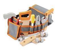 New Classic Toys - Tool Belt Set - Orange - Wooden Pretend Play Construction Set - Includes Hammer, Saw, Screwdriver, Pliers, Wrench, Ruler, Bolts, Nuts, and Wood Blocks - Adjustable Fabric Belt