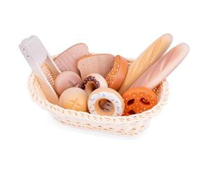 Woet® Wooden Toy Bread Basket for Kids - With Baguettes, Croissant, Pretzel, Donuts and Bread - Includes Tongs - Role Play Kitchen Toy - Age 2 Years+