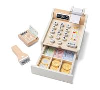 New Classic Toys 10651 Wooden Cash Register with Play Money, Scanner and Bank Card, White