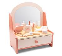 Woet Wooden Vanity Table for Kids Age 3+ - Pretend Play Beauty Set with Mirror & 7 Accessories - Toy Makeup Kit with Hairdryer, Lipstick & Comb - Fun Role Play Gift for Girls and Boys