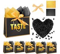 WOEUROI 5 Senses Gift Bags for Him, Sight Smell Touch Taste Sound Gift Bags with Ribbon Handles Tissue Paper for Birthday, Mothers Day, Anniversary, Christmas,Valentine's Day (black + rose)