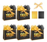WOEUROI 5 Senses Gift Bags for Him, Sight Smell Touch Taste Sound Gift Bags with Ribbon Handles Tissue Paper for Birthday, Mothers Day, Anniversary, Christmas,Valentine's Day (black)