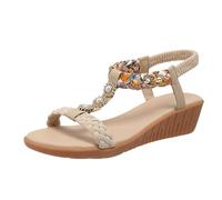 WOFANLULY Sandals Women's Leisure Sandals with Rhinestone Beads Bohemia Beach Shoes Casual Ankle Elastic Summer Outdoor Wedge Sandals Shoes, beige, 6 UK