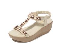 WOFANLULY Womens Ladies Mid Wedge Heel Flower Beads T-Bar Elastic Slingback Sandals Size(Beige, Size 5.5)