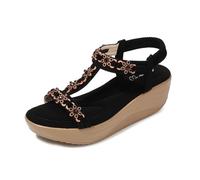 WOFANLULY Womens Ladies Mid Wedge Heel Flower Beads T-Bar Elastic Slingback Sandals Size(Black, Size 4)