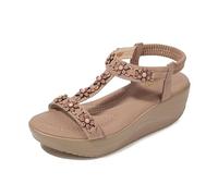 WOFANLULY Womens Ladies Mid Wedge Heel Flower Beads T-Bar Elastic Slingback Sandals Size(Coffee, Size 4)