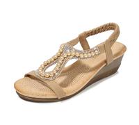 WOFANLULY Womens Low Heels Summer Sandals Open Toe Comfort Cushioned Work Office Party Occasion Sparkly Rhinestone Wedge Shoes Size(Apricot, Size 7)