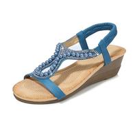 WOFANLULY Womens Low Heels Summer Sandals Open Toe Comfort Cushioned Work Office Party Occasion Sparkly Rhinestone Wedge Shoes Size(Blue, Size 5)
