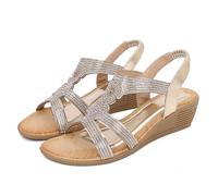 WOFANLULY Womens Summer Wedge Sandals Ladies Rhinestone Sparkling Sandal Comfortable Bohemian Platform Outdoor Wedding Walking Shoes (Gold, Size 4)