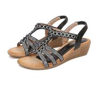 WOFANLULY Womens Summer Wedge Sandals Sparkly Rhinestone Low Heels Sandal Comfortable Bohemian Platform Party Wedding Walking Dress Shoes (Black, Size 5.5)