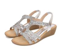 WOFANLULY Womens Summer Wedge Sandals Sparkly Rhinestone Low Heels Sandal Comfortable Bohemian Platform Party Wedding Walking Dress Shoes (Silver, Size 3.5)