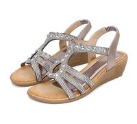 WOFANLULY Womens Summer Wedge Sandals Sparkly Rhinestone Low Heels Sandal Comfortable Bohemian Platform Party Wedding Walking Dress Shoes (Grey, Size 5.5)