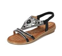 WOFANLULY Women's Summre Sandals Open Toe Sling Back T-Bar Flower Bling Beads Summer Flat Shoes (Black, Size 5)