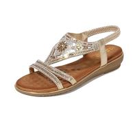WOFANLULY Women's Summre Sandals Open Toe Sling Back T-Bar Flower Bling Beads Summer Flat Shoes (Gold, Size 5)