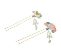 WOFASHPURET 2pcs U Shaped Chinese Hairpin with Enamel Flower Tassel Vintage Metal Hair Sticks for Women Handmade Hanfu Costume Accessories Pink and Green Floral Design Elegant Cultural