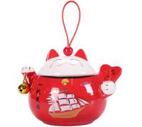 WOFASHPURET Ceramic Fortune Cat Candy Jar Red Multi-function Airtight Storage Canister for Dry Food and Nuts, Keeps Food Fresh, for Kitchen and Dining Organisation