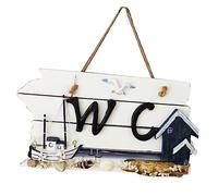 WOFASHPURET Mediterranean Wooden WC Plaque Sign Board Nautical Sailboat Style Handcrafted Wall Hanging Art for Bathroom Decor White and Black Finish