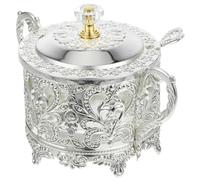 WOFASHPURET Silver Sugar Jar with Lid Spice Canister Classic European Style Embossed Design Zinc Alloy and Glass Easy to Clean Resistant to Break for Kitchen Use and Family Cooking
