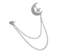 WOFASHPURET Vintage British Style Planet Lapel Pin with Rhinestone Embellishment Lightweight Celestial Brooch with Moon Crescent and Long Chain Dangle Sparkling Silver Accessory for Women S
