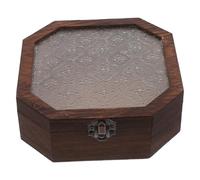 WOFASHPURET Vintage Wooden Jewelry Display Box with Floral Glass Lid Octagonal Trinket Organizer for Rings and Earrings Rustic Keepsake Storage Chest Wood Case