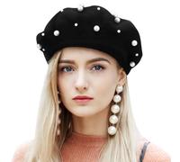 WOFASHPURET Women Wool Beret Hat, French Style Pearl Beret, Cashmere Beaded Pearl Rivet Hat
