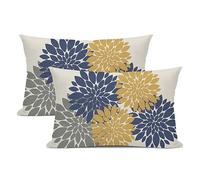 WOFOLE Navy Blue Yellow Outdoor Pillow Covers 12x20 Inch Grey Gray Dahlia Modern Geometry Flower Farmhouse Rustic Decorative Lumbar Throw Pillows for Home Living Room Sofa Couch Bed, Set of 2