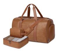 Wogarl 3PCS Weekender Bag for Women Men: Faux Leather Large Overnight Travel Carry On Duffel with Shoe Compartment Toiletry Packing Cube Fit 21" Laptop (Light Brown)