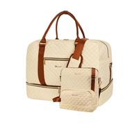 Wogarl 3PCS Weekender Bags for Women: Large Overnight Bag Weekend Travel Duffel Bag Carry on Shoulder with Shoe Compartment Canvas Toiletry Bag for Travel Business Gym,Beige White