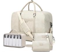 Wogarl 4PCS Leather Weekender Bag for Women Men Large Overnight Bag Travel Duffel Bag with Shoe Compartment Toiletry Satchel Bag Carry On Bag Fit 21" Laptop(White)