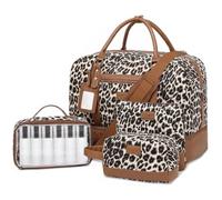 Wogarl 4PCS Weekender Bags for Women Large Overnight Weekend Travel Duffel Carry on Shoulder with Shoe Compartment Canvas Toiletry Bag for Travel Business Gym, Brown Leopard-2, Large (40L, 11.43" x 4