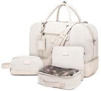 Wogarl 4PCS Weekender Bags for Women Large Overnight Weekend Travel Duffel Carry on Shoulder with Shoe Compartment Canvas Toiletry Bag for Travel Business Gym, White-FH, 19.68 x 9.84 x 14.56 inches