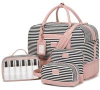 Wogarl Weekender Bag for Women Large Canvas Overnight Bag Travel Bag Carry On Luggage Weekender Bag with Shoe Compartment for Travel, Night Flight, Daily Use, Pink Stripes, Fashionable