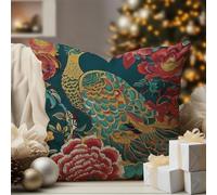 WoGuangis Animal Tiger Stripe Colorful Flower Pillow Cover Peacock Green Red Peony Floral Cushion Case Japanese Chinoiserie Pillows Vintage Farmhouse Linen Throw Pillows for Sofa Chair 20x20in