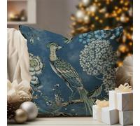 WoGuangis Asian-Style Hydrangea Camellia & Peacock Throw Pillow, 22x22in, Navy Blue, Chinoiserie Bird Pattern, Linen Texture, Living Room, Bedroom, Sofa, Couch, Car, Office, Gifts
