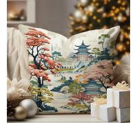 WoGuangis Blue Pagoda Coral Pink Flower Throw Pillow Covers Chinoiserie Garden Scenery Pillow Sham Japanese Chinoiserie Pillows Vintage Farmhouse Linen Pillow Cover for Sofa Chair Car 22x22in