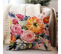 WoGuangis Bright Floral Pink Rose Colourful Waterproof Cushion Cover Watercolor Rose Peony Flower Outdoor Pillow Covers Asian Scenic Chic Chinoiserie Canvas Polyester Throw Pillowcase 20x20in