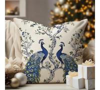 WoGuangis Chinoiserie Crane Bird Peacock Cushion Cover Blue Flower and Bird Asian Garden Pillow Covers Japanese Chinoiserie White Linen Throw Pillow Case for Office Car Chair Sofa 18x18in