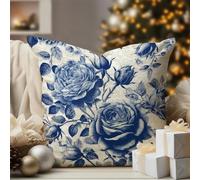 WoGuangis Chinoiserie Style Cushion Cover Indigo Blue Peony Rose Floral Decorative Pillow Covers Chinoiserie Style Blue Flower Throw Pillow with Zipper for Living Room Bedroom 20x20in