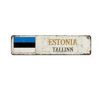 WoGuangis Estonia Souvenir Retro Vintage Tin Metal Sign Tallinn Metal Tin Sign Wall Plaque Country Flag City Souvenir Metal Art Sign Quality Aluminum Sign for Front Porch Laundry Room 12X3In
