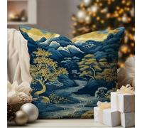 WoGuangis Navy Blue Mountain Cushion Covers Blue Indigo and Gold Asian Scenic Sofa Pillowcase Chinoiserie Style Pillow Sham 18x18in White Linen Pillows for Sofa Living Room