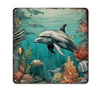 WoGuangis Seabed World Vintage Dolphin Metal Wall Sign Nautical Coastal Ocean Animal Metal Plaque Sign Nautical Beach Retro Vintage Art Wall Plaque for Kid Room Living Room 12x12in