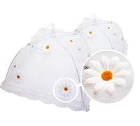 wohhwo Foldable Food Cover Mesh Pop Up, Set of 2 pcs. Food Nets (12"x12"x7" and 16"x16"x8"), white with daisies, fly protection for food, Food Cover Tent Umbrella for kitchen and garden
