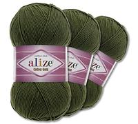 Wohnkult Alize 3 x 100 g Cotton Gold Premium Wool 59 Colours Summer Wool Yarn Knitting Amigurumi All Season Wool (29 | Khaki)