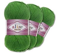 Wohnkult Alize 3 x 100 g Cotton Gold Premium Wool 59 Colours Summer Wool Yarn Knitting Amigurumi All Season Wool (126 | Grass Green)