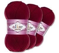 Wohnkult Alize 3 x 100 g Cotton Gold Premium Wool 59 Colours Summer Wool Yarn Knitting Amigurumi All Season Wool (57 | Bordeaux)