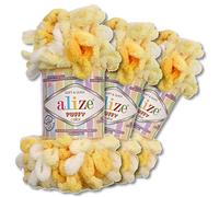 Wohnkult Alize 3 x 100 g Puffy Colour Premium Wool 26 Colour Combinations Chenille Handmade Knitting and Crocheting without Tools Smart Yarn (5921)
