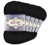 Wohnkult Alize 5 x 100 g Velluto Premium Wool, 30 Selection, Chenille Yarn, Velvet Wool, Amigurumi Blankets, Accessories, Clothing, DIY (60 | Black)